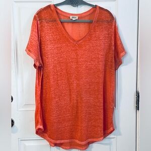 a new day. Coral/ red orange. Extended Short Sleeve Top